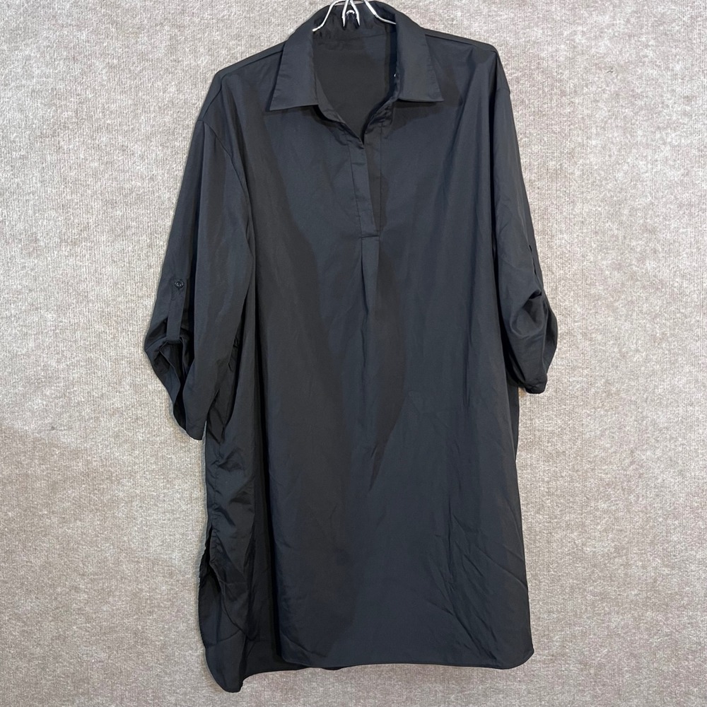 Uratot Shirt Dress Womens XXL Black Roll Tab Sleeve V Neck Tunic Minimalist